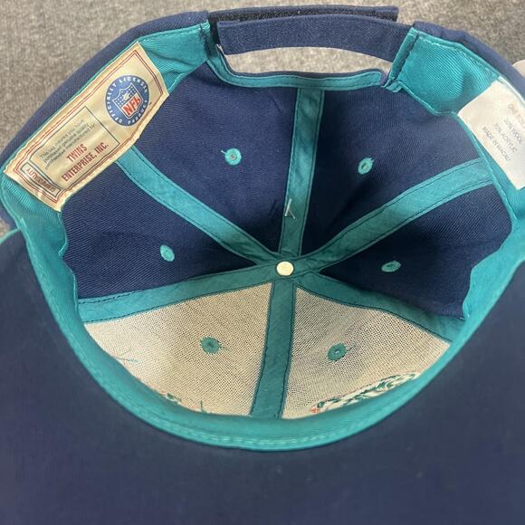 Vintage Miami Dolphins Hat Cap Strap Back Mens Blue NFL Football Script 90s - Picture 11 of 12